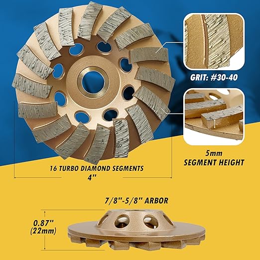 4" Diamond Grinding Wheels for Concrete or Masonry, 16 Turbo Segments, #30/40 Grit, Medium Bond, 7/8"-5/8" Arbor
