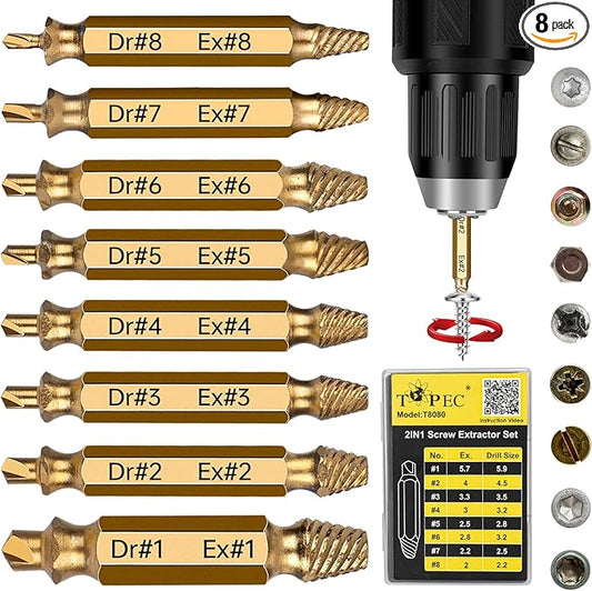 Topec Damaged Screw Extractor Set 8Pcs, HSS 4341 Easy Out Screw Extractor Set, Stripped Screw Extractor for Easy Removal of Stripped, Rusty, Broken Hardware, Christmas Gifts for Men, Husband (Gold)