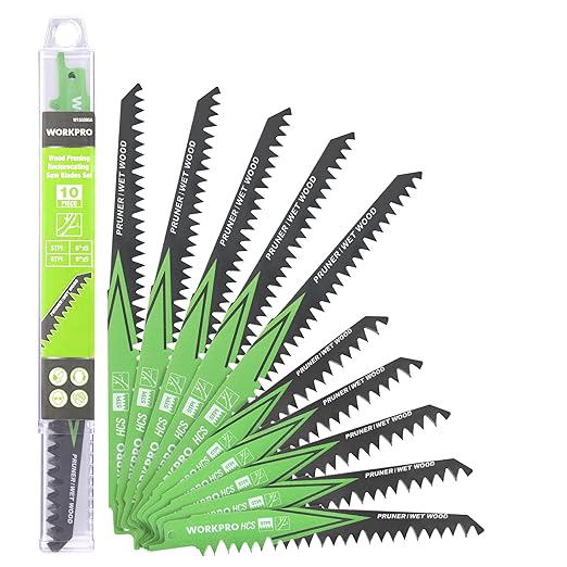 WORKPRO Wood Pruning Reciprocating Saw Blade Set, 6/9 Inch Pruner Saw Blades with 5TPI High Carbon Steel Designed for Fast & Clean Pruning and Cutting Wet Wood, Organizer Case Included,10 Pieces