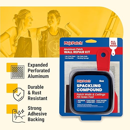 MaxPatch짰 Drywall Repair Kit, 4-Piece Set ??Includes Self-Adhesive Aluminum Patch, 8 oz Spackle, 100% Recycled 3" Putty Knife, and Sanding Sponge ??Multi-Purpose Wall Repair for Drywall, Plaster