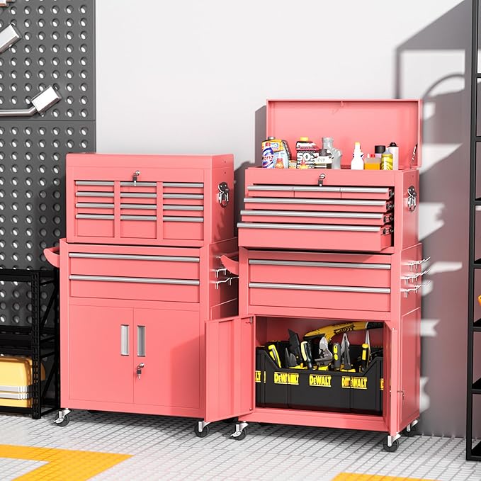 INTERGREAT Tool Chest, Tool Cabinet with 8 Drawers, Detachable Organized Tool Chests, Lockable Tool Cabinet for Workshop, Warehouse, Mechanics Garage (Pink)