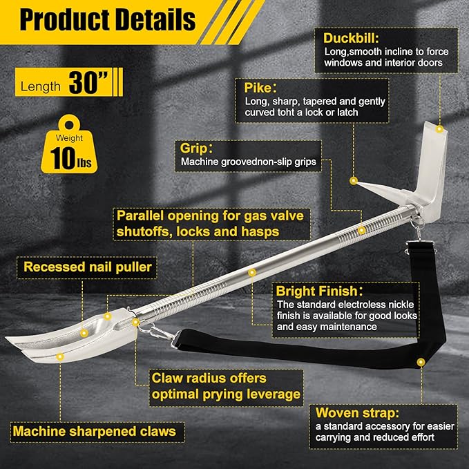 30" Halligan Bar Firefighter Tool, Halligan Forced Entry Tool with Shoulder Strap for Fire Rescue, Tactical Breaching & Emergency Breach