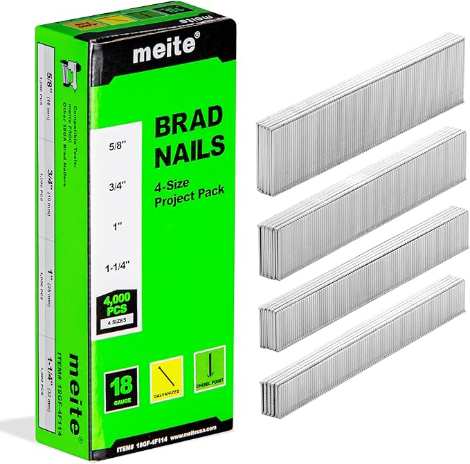 meite 18 Gauge Brad Nails, 4,000-Count Assorted 4 Sizes (5/8", 3/4", 1", 1-1/4 Inch) Galvanized Finish Nails for Pneumatic, Electric 18GA Brad Nailer Nail Guns Trim, Project Pack Assortment