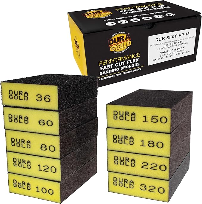 Dura-Gold 4-Sided Hand Sanding Block Sponge Variety Pack, Box of 18, Grits 36, 60, 80, 100, 120, 150, 180, 220, 320-3.9" x 2.75" x 1" Wet or Dry Flexible Sandpaper Pads Sand Wood Drywall Metal Paint