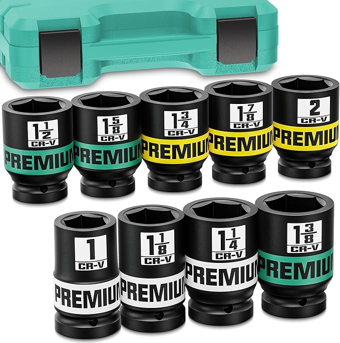 1" Drive Jumbo Impact Socket Set, SAE Axle Nut Sockets, 9-Piece (1-2 in.) Drive Deep Impact Socket Set, 6-Point, Cr-V Steel, Universal Hex Deep Socket Set with heavy Duty Storage Case
