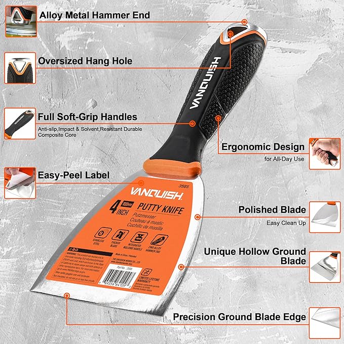 VANQUISH Stainless Steel Putty Knife, 4 Inch Paint Scraper with Soft Grip Handle and Metal Hammer End for Drywall Spackle, Taping, Scraping Paint 3585