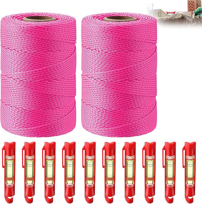 2 Pack #18 500 ft Mason Line String & 10 Pack Built-in Levels, String Level Line Kit for DIY, Gardening Work, Construction Twine Outdoor Projects Layout Brick Working(Fluorescent Pink)
