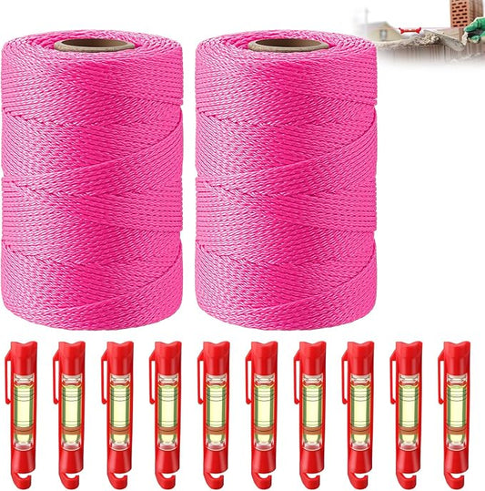 2 Pack #18 500 ft Mason Line String & 10 Pack Built-in Levels, String Level Line Kit for DIY, Gardening Work, Construction Twine Outdoor Projects Layout Brick Working(Fluorescent Pink)