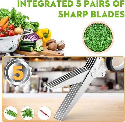 Fun Unique Kitchen Gadgets: Herb Scissors Set - Updated 2025 Cool Kitchen Tools for Cutting Fresh Garden Herbs - Sharp 5-Blade Shears with Cover, Anti-Rust Stainless Steel, Dishwasher Safe (Black)
