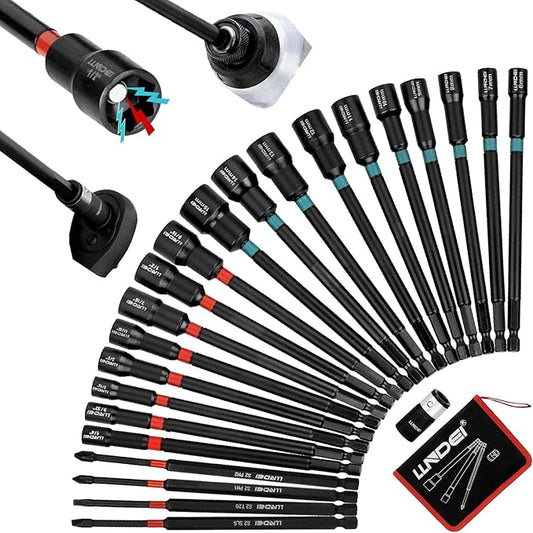 LLNDEI 23PCS Magnetic Nut Driver Set | Full Size 6-Inch Long Nut Driver Set | Metric 6-15mm, SAE 1/4"-9/16" | 1/4" Hex Shank | Long Power Bits, PH1, PH2, SL5, T20 | Cr-V Steel