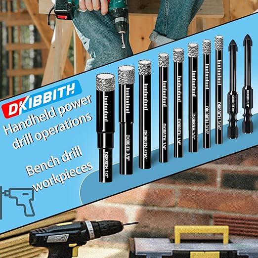 DKIBBITH 7 Pack Dry Diamond Drill Bits & Tile Drill Bits Set for Ceramic, Porcelain, Marble, Granite, Stone, Glass - Round Shank 3/16", 1/4"(x2), 5/16", 3/8", 1/2"+1 Pack Masonry Drill Bit 1/4"