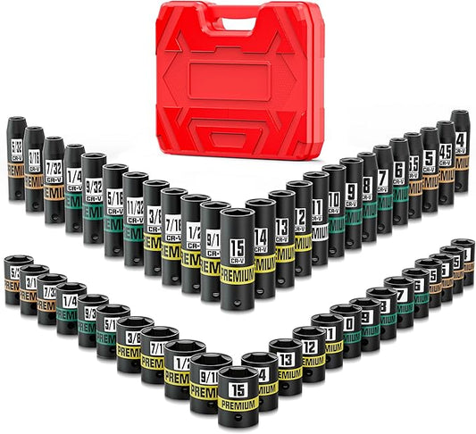 1/4" Drive Impact Socket Set, 50-Piece Standard SAE (5/32" - 9/16") and Metric (4 mm - 15 mm) Size, Deep and Shallow Sockets, Cr-V Steel, 6 Point, Auto Repair Bicycle Maintenance