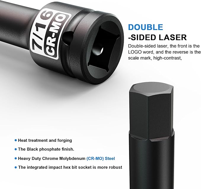 1/2" Drive H7/16-Inch Impact Hex Bit Socket, SAE Allen Bit Socket, Cr-Mo Steel, Removing Loosening Hexagon Bolts