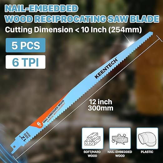 KEENTECH 12 Inch Bi-Metal Reciprocating Saw Blade 5-Pack for Fast Wood Demolition, 6 TPI, Fits Milwaukee Sawzall and Other Reciprocating Saws