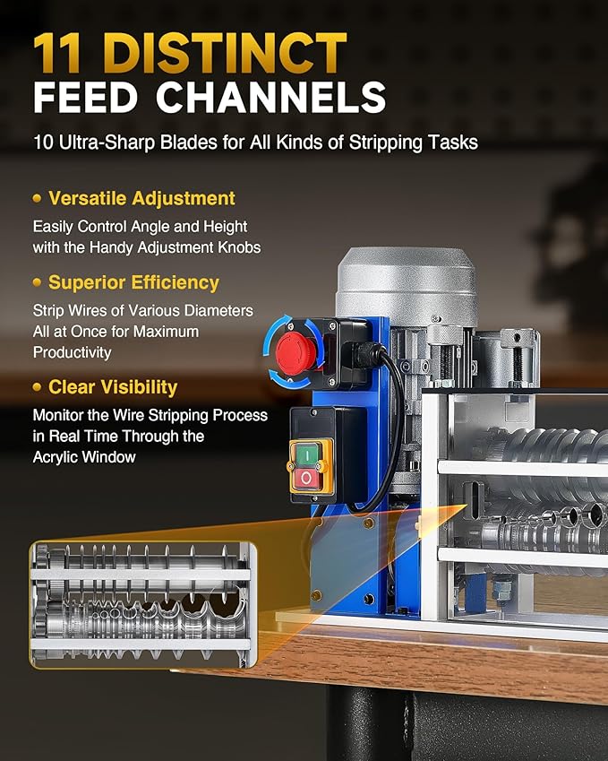 CREWORKS Electric Wire Stripping Machine, 11 Channel Automatic Wire Stripper for 0.06-1.6 in. Copper Wires, 550W Cable Stripper Machine with 10 Blades, Electric Wire Stripper for Workshop Recycling