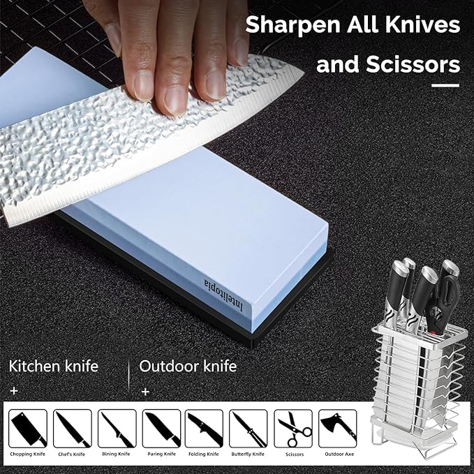 Intelitopia Complete Knife Sharpening Stone Set ??Dual Grit Whetstone 400/1000 3000/8000 Knife Sharpener with Leather Strop, Flattening Stone, Bamboo Base, 3 Non-slip Rubber Bases & Angle Guide