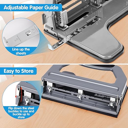 AFMAT 3 Hole Punch Heavy Duty, 9/32" Holes, 50-Sheet Hole Puncher 3 Ring, 50% Reduced Effort, Adjustable Two & Three Hole Punch, Metal Paper Puncher w/Large Chip Tray, Metal Paper Guide, Gray, HP18