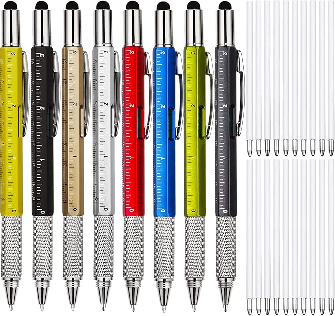 Zhanmai 8 Pcs Gift Pen for Men 6 in 1 Multitool Pen with Ruler Level Refills Screwdriver Stylus Christmas Stocking Stuffers Gift for Men Dad Husband Adults Birthday Present(Multiple Colors)
