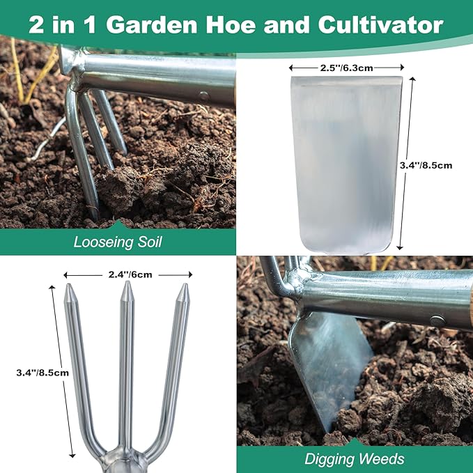 Berry&Bird 2IN1 Hand Tools Hoe and Cultivator, Stainless Steel Garden Hand Tiller and Pickaxes with Wooden Handle, 14''Weeding Hoes for Digging, Loosening Soil, Cultivating, Planting and Farming Tool