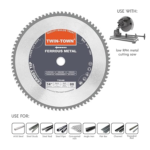 TWIN-TOWN 14-Inch 80 Teeth Metal Steel Cutting Saw Blade for Dry Cutting Mild Steel and Ferrous Metals, 1-Inch Arbor, Cermet Carbide Tipped Up to 5X Longer Life, Compatible with Circular and Chop Saws