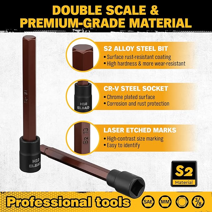 ELEAD 20-Piece 3/8 Inch Drive Extra-Long Allen Hex Bit Socket Set: S2 Steel, Standard SAE & Metric (1/8-Inch - 7/16-Inch, 3-12mm) for Impact Drills and Ratchet Wrenches