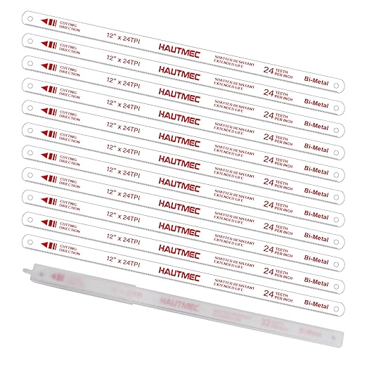 HAUTMEC 12" Hacksaw Blades 24 TPI – 10 Pack Bi-Metal Replacement Blades with High-Speed Steel Teeth and Spring Steel Body, Professional Grade, Fits Most Hacksaw Frames