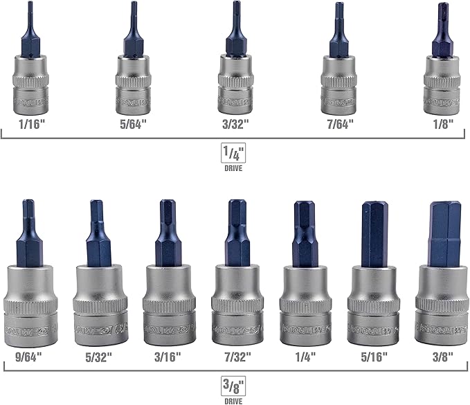 OEMTOOLS 23900 12-Pc Hex Socket Set, Hex Bit Socket Set SAE Magnetic, 1/16??to 3/8??Heat-Treated S2 Steel Bits, Storage Case Included