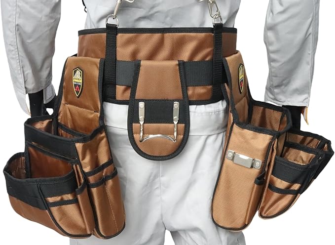 ZAKCO Professional 1680D Polyester Tool Belt with Suspender, Strudy Tool Belt for Carpenters, Framers, Electricians, Plumbers, Hanyman & DIY (Khaki, Full Size)