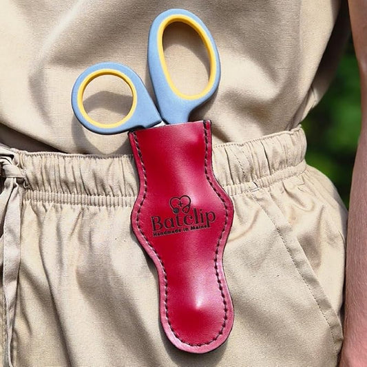 Custom Personalized BATCLIP SHEARS ??Handmade Leather EMT Shears Holster | Custom Engraved | Belt or Vest Clip | Left or Right-Handed | Titanium Shears Included | Made in Maine (Red)