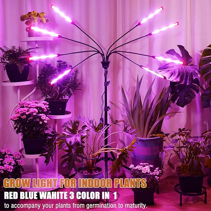 Grow Lights for Indoor Plants Full Spectrum with Stand and Timer, (Red+Blue+White) 8 Heads LED Plant Lights for Indoor Growing, Standing Floor House Plant Lamp for Seed Starting.