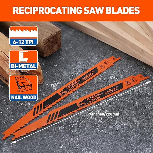 HORUSDY 30Pack 9 Inch 6-12 TPI Reciprocating Saw Blade Wood Pruning, Bi-Metal Saw Blades for Nail Wood or Trees Cutting, Sharp and Durability with Organizer Case