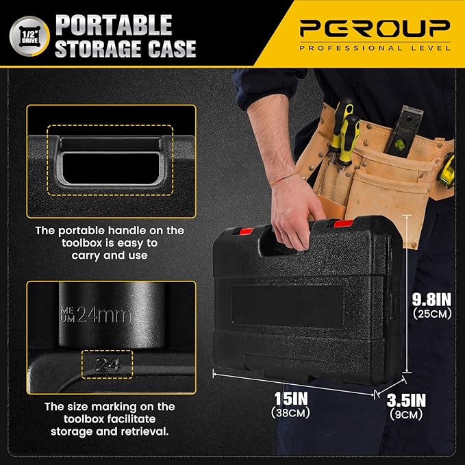 45PCS 1/2??Drive Metric Impact Socket Set, pgroup Deep & Shallow Socket Set with Extension Bars, Adapter and Universal Joint, Size 9-32mm, 6-Point Design, Chrome Vanadium Steel, Includes Storage Case