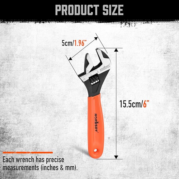 HORUSDY 6" Adjustable Wrench Pipe Spanner: Wide Jaw Black Oxide Wrench With Cushion Grip, Laser Marked Metric & SAE Scales, CR-V Steel, for Professionals