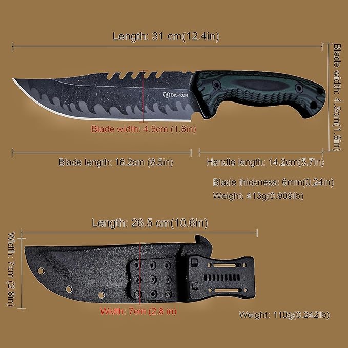 BA-KOR 12.4in Full Tang Fixed Blade Hunting Knife – 6mm 9CR18MoV Steel, G10 Handle, Stonewashed Sawback Blade with Kydex Sheath & Fire Starter for Outdoor, Camping, Survival (Green and black stripes)