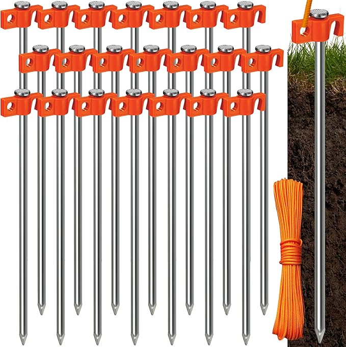 Tradesparker Tent Stakes 22-Pack 8Inch Heavy Duty Garden Stakes Canopy Anchors Double-Sided Hook Design - Includes Ropes for Camping Tents, Pop Up Canopies and Outdoor Events, Orange