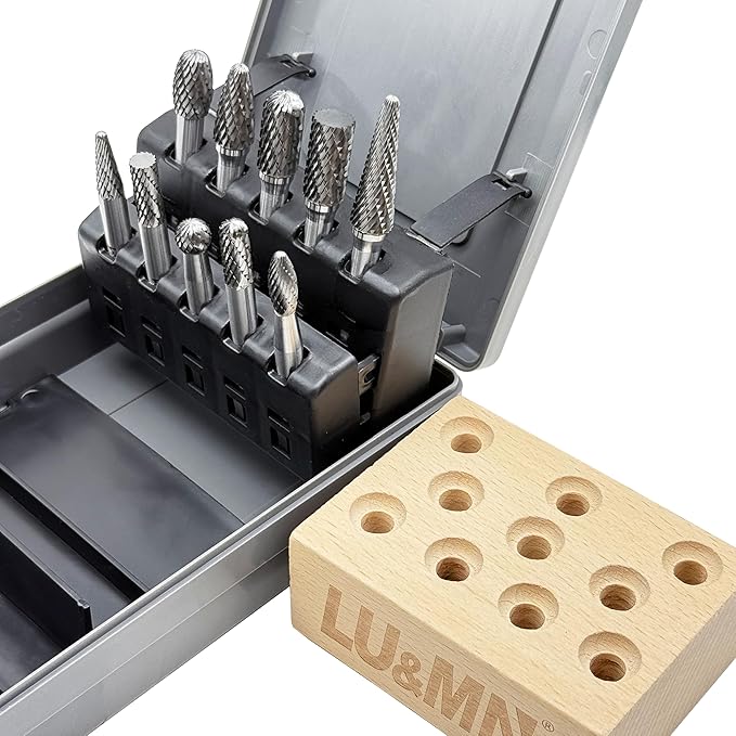 Premium-Grade Die Grinder Bits Tungsten Carbide Burr Set 1/4 Shank 10-PC Double Cut Rotary Cutting Burr Bits for Metalworking, Steel, Wood, Grinding, Carving, Engraving By LU&MN