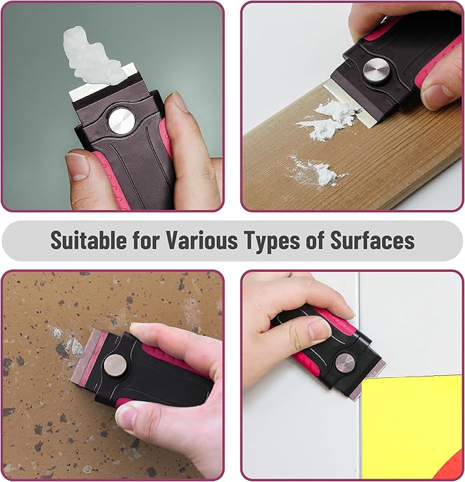 Bates- Razor Blade Scraper, Pink, Locking Razor Scraper Set with 10 Extra Stainless Steel Blades, Window Scraper, Scraper Tool, Glass Scraper, Scraper Blades, Paint Scraper Blade Scraper for Cleaning