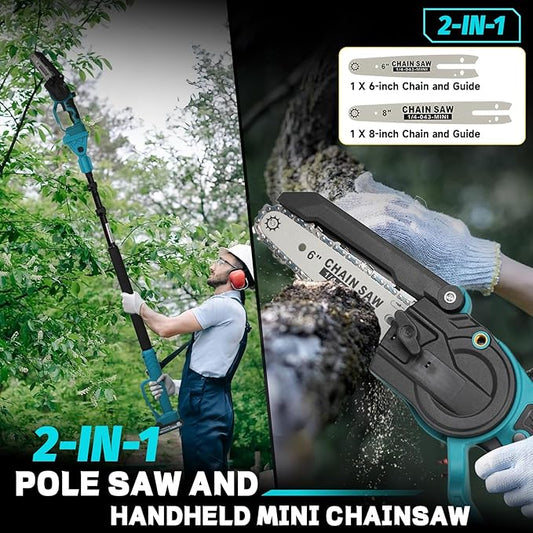 2-in-1 Cordless 8" Pole Saw & Mini Chainsaw Compatible with Makita 18V Battery, Brushless 8 Inch & 6 Inch Telescoping Pole Chainsaw Combo Kit 15 Ft Max Reach for Tree Branches Pruning(Tool Only)