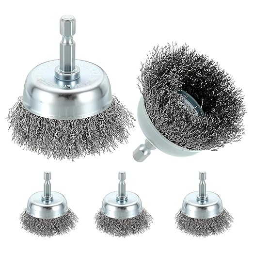 Wire Brush for Drill (2"/50mm) 5Pack, Crimping Steel Wire 0.012" (Carbon Steel) Wire Brush Drill Attachment with 1/4" Hex Shank - for Rust, Cleaning, Deburring on Cast Iron