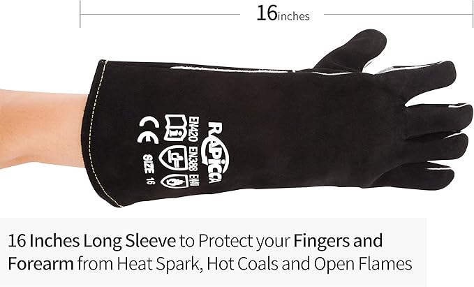 RAPICCA Welding Gloves 16IN Heat & Fire Resistant Leather for Stick MIG TIG Flux-Core Welder, Forge, Blacksmith, Fireplace, Wood Stove, Fire Pit, Furnace, Dry Ice Handling ??Black ??662째F Protection