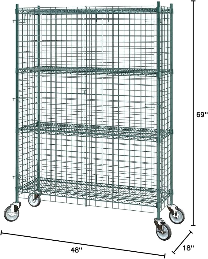 Commercial Grade NSF Listed Metal Wire Mesh Storage Green Epoxy Mobile Security Cage Kit, 18" x 48" x 70", Perfect for Warehouse, Walk-in Refrigerator, Freezer, Grocery Store, Restaurant, Dishroom