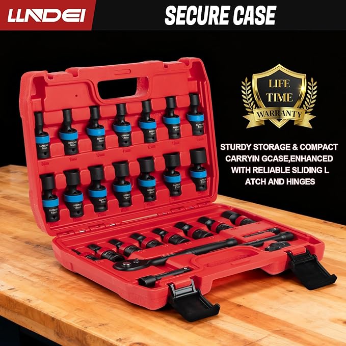 LLNDEI 27Pcs 3/8" Drive Swivel Impact Socket Set, CR-MO Swivel Socket Set Metric(8-22mm)& SAE(5/16-3/4),6 Point Wobble Socket Set with Ratchet Wrench, Extension Bar and Adapters.