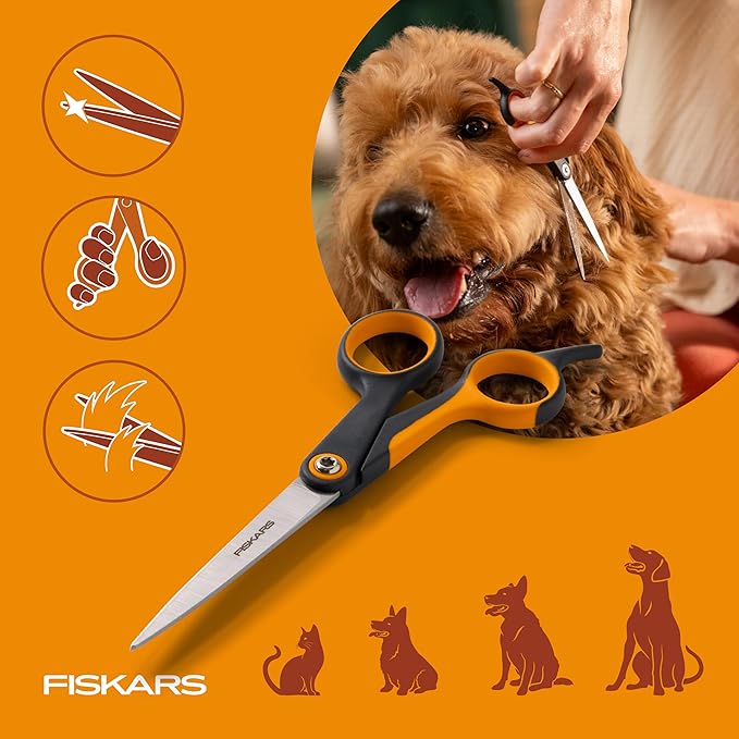 Fiskars Pet Scissors, Dog & Cat Grooming Scissors, Precision Stainless Steel Blades & SoftGrip??Handle, Cat and Dog Supplies, 6.75?? Orange/Black, Trimming Scissors
