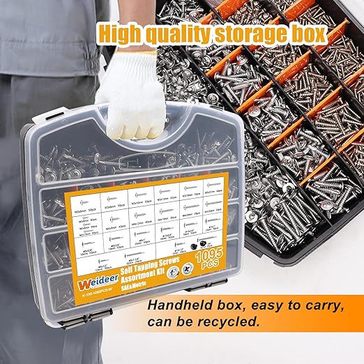 weideer 1095pcs Self Tapping Screws for Metal, #8#10 M2 M3 M4 410 Stainless Steel Screws Assortment Kit Oxide Truss Head and Phillips Pan Head Metal Screw
