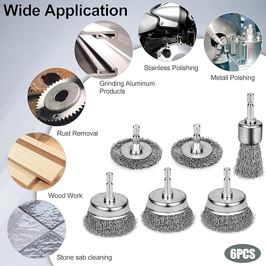 6PCS Professional Wire Wheel Brush Set, Carbon Steel Cup Wire Brush for Drill with 1/4 Inch Hex Shank, Wire Brushes Drill Attachments for Cleaning Rust Removal, Corrosion & Scrub Surfaces, Drill Brush