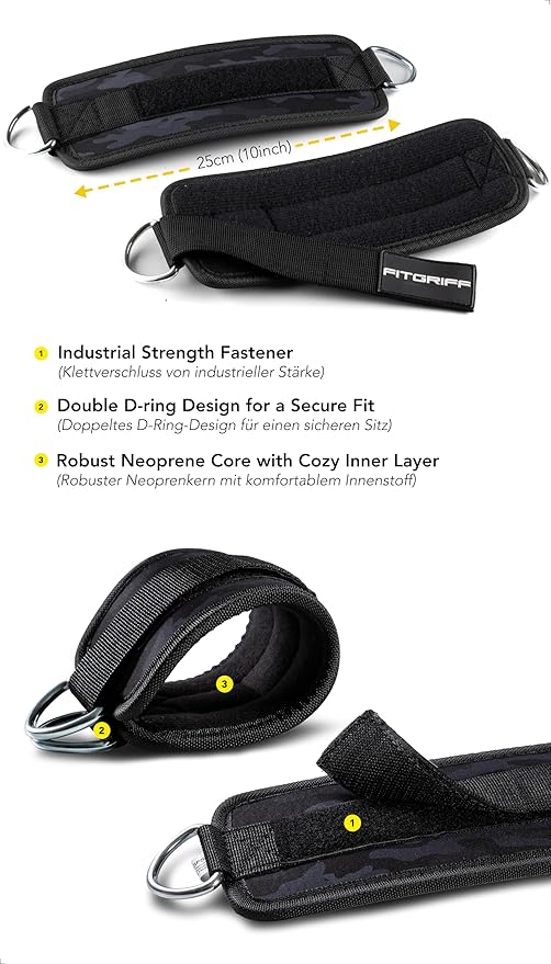 Fitgriff짰 Ankle Straps V1 for Cable Machine (2 Pieces) - Gym Workout Equipment - Leg Pulley Attachment, Kickback Straps