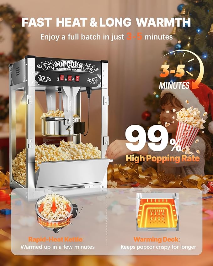 16 Oz Commercial Popcorn Machine, 1440 W, Movie Theater Popcorn Machine, Black Tabletop Pop Corn Machine with 3-Switch Control & Steel Frame Tempered Glass Doors