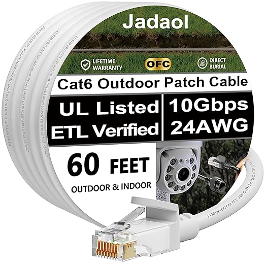 Jadaol Cat 6 Ethernet Cable 60ft, Outdoor&Indoor, 10Gbps Support Cat8/7 Network, 24AWG Pure Copper Patch LAN Cord, Direct Burial Waterproof In-Ground UV Resistant for Router, Modem, Switch, POE, White