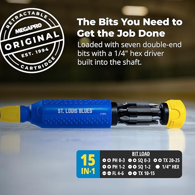 MEGAPRO짰 NHL짰 Team Edition Multi-bit Screwdriver | Officially Licensed NHL짰 Gear | Durable, Ergonomic, Pro-Grade Screwdriver (St. Louis Blues짰)