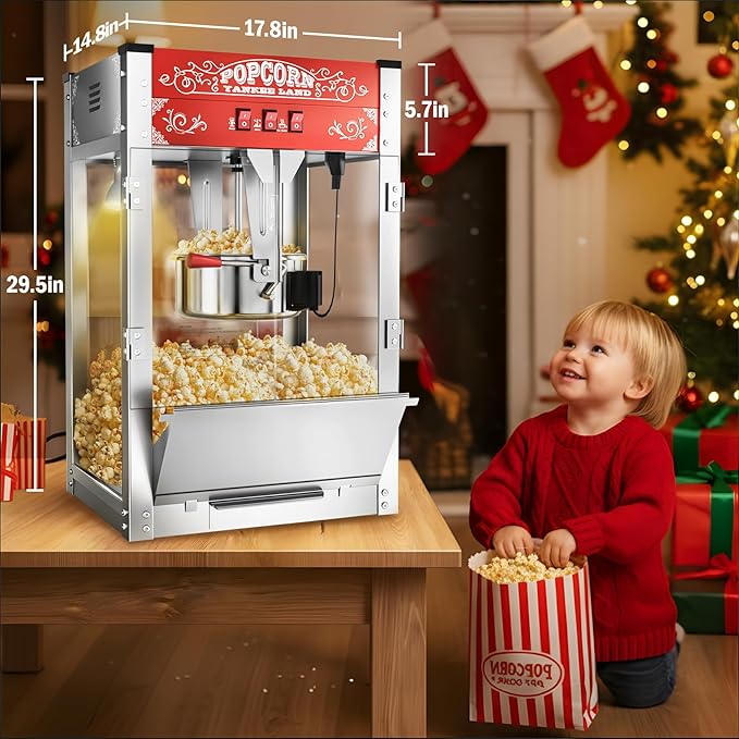 20 Oz Commercial Popcorn Machine, 1440 W, Movie Theater Popcorn Machine, Red Tabletop Pop corn Machine with 3-Switch Control & Steel Frame Tempered Glass Doors